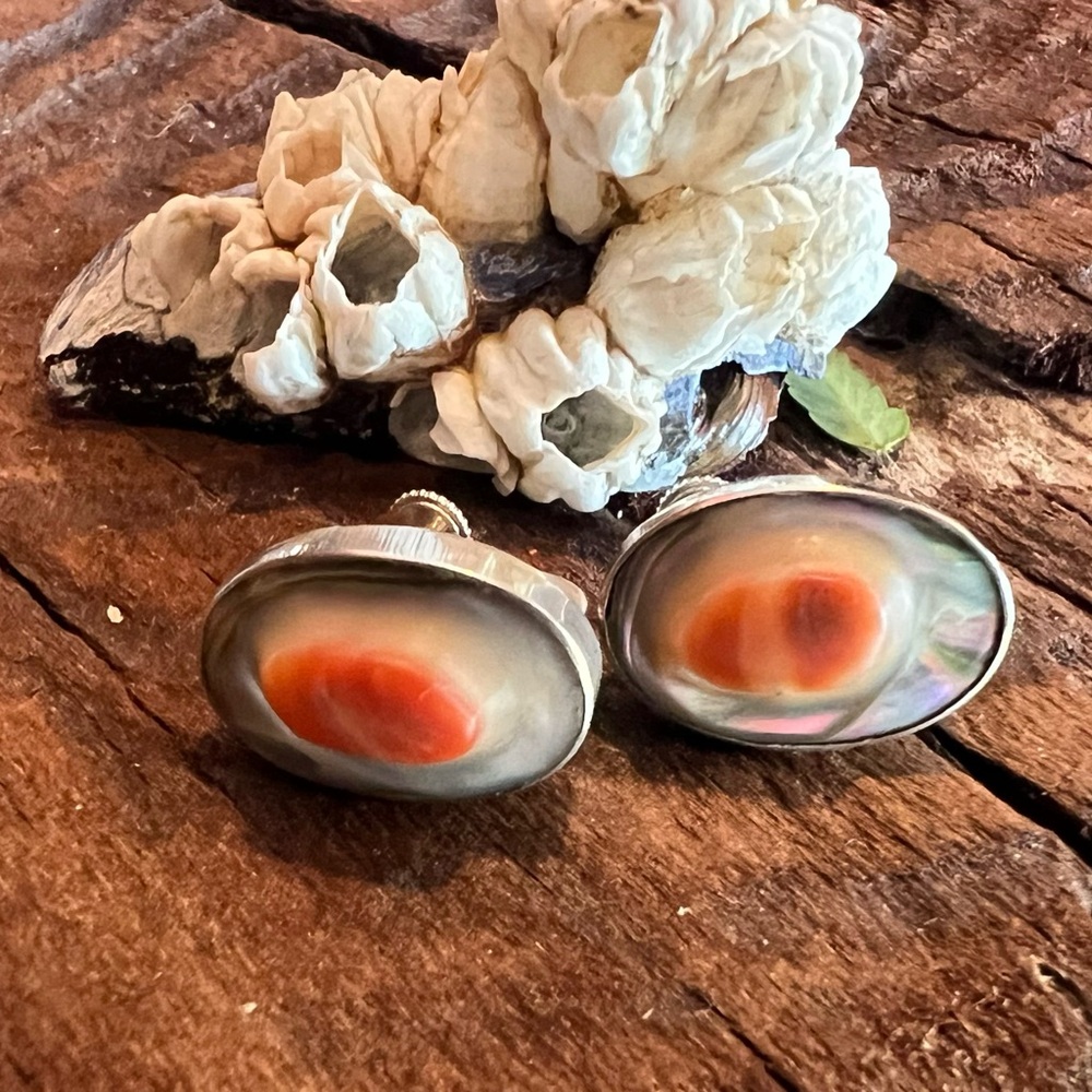 Vintage Blister Pearl Earrings Sterling Orange 925 Screw-back Abalone  1.7 cms